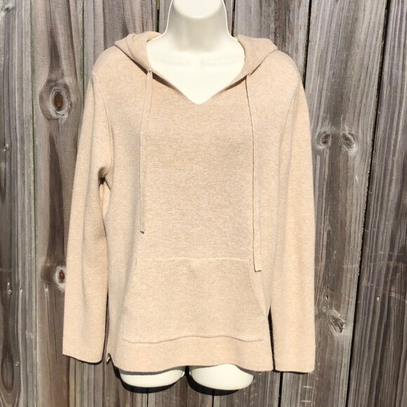 Magaschoni Medium V Neck Hoodie Hooded Sweater Top Tan Cream Heather Pullover - Picture 2 of 6